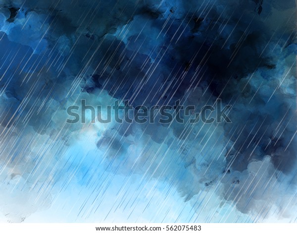 大雨空の水彩画像雨が降る青い壁紙 雨滴テンプレートデザイン背景 のイラスト素材