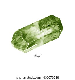 Watercolor Green Beryl rough gem tumblestones isolated on a white background