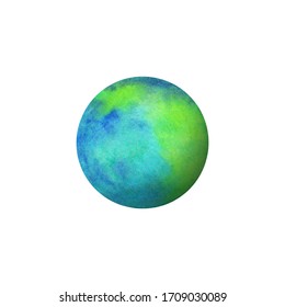 Watercolor green blue teal bright colored Earth planet isolated on white background. Watercolour hand drawn abstract sphere ball art work illustration. Colorful abstract geometric round shape.