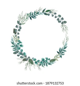 Watercolor Green Branches And Leaves Wreath. Circle Rustic Frame. Green Branches. Isolated Floral Illustration. Perfect Template For Design, Wedding, Invitations