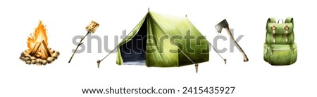 Watercolor green camping tent, axe, backpack, campfire and roasted marshmallow illlustrations. Mountin equipment for recreation tourism and adverture isolated on white background. Clip art for designe