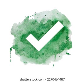 Watercolor Green Check Mark. Concept Of Correct Decision