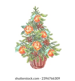 Watercolor green christmas tree with tangerine and basket isolated on white background. Forest evergreen fir or pine for card. Hand-drawn clipart for new year celebration or wrapping wallpaper. - Powered by Shutterstock