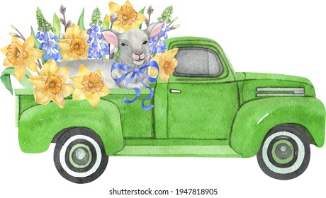 Watercolor green Easter truck. Retro truck with lamb, spring flowers and leaves. Vintage truck. Narcissus, tulips, hyacinth, daffodils, green leaves