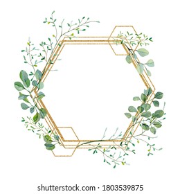 Watercolor green floral frame bridal shower with eucalyptus leaves and branches on golden frame. Baby nursery decor, greenery baby shower, wedding card, greenery invintation card. - Powered by Shutterstock