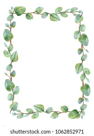 Watercolor green floral frame card with silver dollar eucalyptus round leaves. Hand painted border with branches and leaves of baby eucalyptus isolated on white background. For design or background