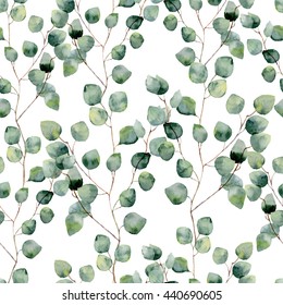 Watercolor green floral seamless pattern with eucalyptus round leaves. Hand painted pattern with branches and leaves of silver dollar eucalyptus isolated on white background. For design or background