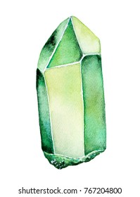 Watercolor Green Gemstone drawing. One single object. Long square, rectangle stick geometric shape. Bright, clean, clear, realistic. Hand painted water color illustration, isolated, white background.
