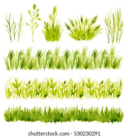 Watercolor Green Grass Set On White Background