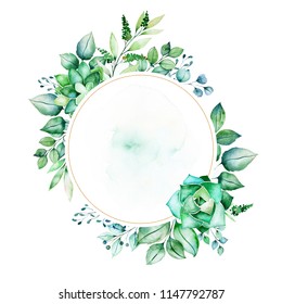 Watercolor Green illustration.Pre-made frame border with succulent plants,palm leaves,branches.Perfect for wedding,quotes,Birthday and invitation cards,greeting cards,print,blogs,bridal cards,logo etc