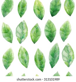 Watercolor Green Leaves Seamless Pattern Background