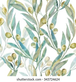 Watercolor Green Olive Pattern. Olive Branches.