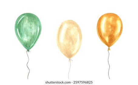 Watercolor green, orange, white helium balloons on string set illustration isolated background. Colorful balloon bunch for birthday and party decor. Patrick day elements for festive design