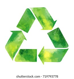 Watercolor Green Recycle Sign. Recycle Icon Green Vector. Recycle Icon Eps Watercolor File. 