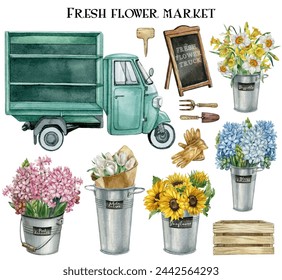 Watercolor green rustic flower market cart, flowers in galvanized buckets. Spring florist shop elements for florist card, Farmhouse rustic garden illustration, fresh flower market - Powered by Shutterstock