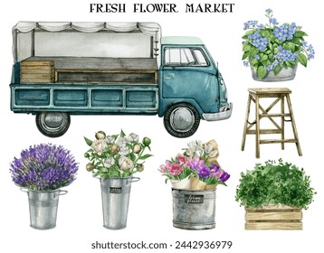 Watercolor green rustic flower market cart, flowers in galvanized buckets. Spring florist shop elements for florist card, Farmhouse rustic garden illustration, fresh flower market - Powered by Shutterstock