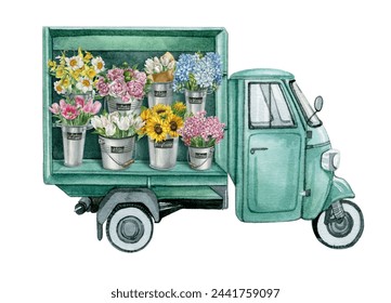 Watercolor green rustic fresh flower market cart, wheelbarrow with flowers in galvanized buckets. Spring florist shop composition for Mother day arrangement card, Farmhouse rustic garden illustration - Powered by Shutterstock