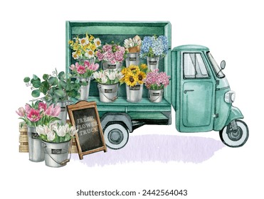 Watercolor green rustic fresh flower market cart, wheelbarrow with flowers in galvanized buckets. Spring florist shop composition for Mother day arrangement card, Farmhouse rustic garden illustration - Powered by Shutterstock