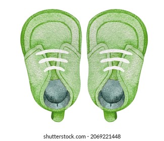 Watercolor green shoes for baby boy and girl with white laces top view isolated on white - Powered by Shutterstock