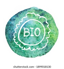 Watercolor green symbol. Organic food badge, Icon of Green Thinking concept. Isolated Bio label. Healthy care emblem. Environmental sign. Recycling symbol with watercolor texture. Eco badge design