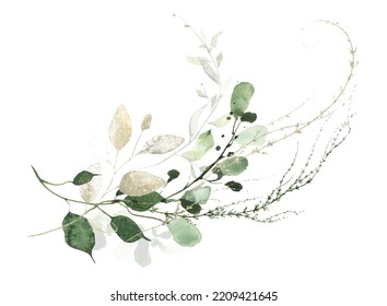 Watercolor Greenery Arrangement On White Background. Green Wild Meadow Plants, Branches, Leaves, Golden Style Elements.