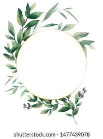 Watercolor Greenery Branches Frame. Hand Painted Floral Template: Round Plants Frame Isolated On White Background. 