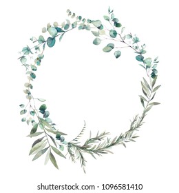 Watercolor greenery combination. Eucalyptus branches and olive tree leaves wreath. Hand painted floral clip art: round frame isolated on white background. 