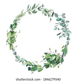 Watercolor Greenery Combination. Eucalyptus Branches And Olive Tree Leaves Wreath. Hand Painted Floral Clip Art: Round Frame Isolated On White Background.