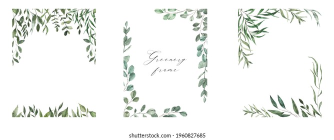Watercolor Greenery Floral Frame. White Background. Perfect For Wedding Invitation, Card, Logo And Other Design.