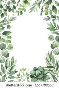 Watercolor Greenery frame invitation with leaves,fern,branches,berry.Perfect for wedding,greeting cards,quotes,Birthday and your unique creation.