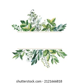 Watercolor Greenery Frame Invitation With Leaves,fern,branches,berry.Perfect For Wedding,greeting Cards,quotes,logos And Your Unique Creation.