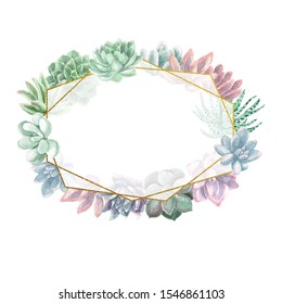 Watercolor Greenery And Succulents With Geometric Gold Frame