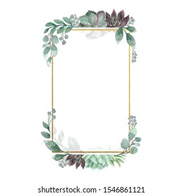 Watercolor Greenery And Succulents With Geometric Gold Frame