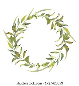 Watercolor Greenery Wedding Invitation Card With Green Leaves, Eucalyptus Leaves. Floral Wreath. Greenery Frame. Botanical Template For Invite, Greeting And Covers, Poligraphy.