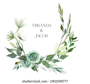 Watercolor Greenery Wreath Clipart, Woodland Fern Wreath Watercolor ,  Design Elements For Wedding Invitation, Forest Wedding, Greenery