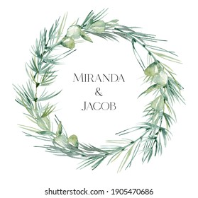 Watercolor Greenery Wreath Clipart, Woodland Fern Wreath Watercolor ,  Design Elements For Wedding Invitation, Forest Wedding, Greenery