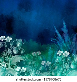 Watercolor Greeting Card, Invitation With A Plant Strawberry. Blossoming Bush With A Berry And Flower, Of Lavender, Wild Wildflowers. Flowering Meadow.Night Summer Landscape. Blue, Green, Black Color 