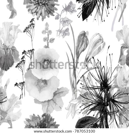 Watercolor Grey And Black Flowers On White Background Seamless Pattern For Fabrics Paper Wallpaper Watercolor Grey And Black Flowers On White Background Seamless Pattern For Fabrics Paper Wallpaper