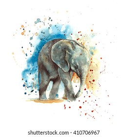 watercolor grey elephant on the watercolor blue and orange background