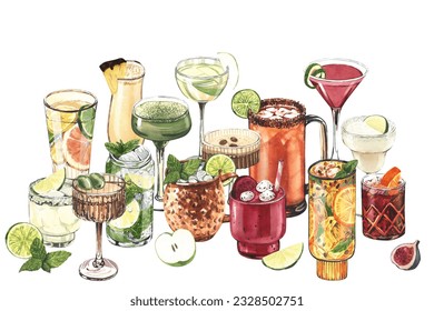 Watercolor group cocktail glasses: martini, gin,margarita,mojito,liquor,rum,moscow mule. Hand-drawn illustration isolated on white background. Perfect for recipe lists with alcoholic drinks, for cafe - Powered by Shutterstock