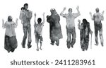 Watercolor group of people with their hands raised up. Refugees concept. Painting silhouettes of men, women, children. Hand drawn illustration isolated on white background