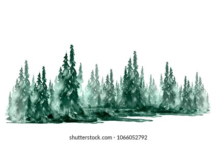 Watercolor group of trees - fir, pine, cedar, fir-tree. green forest, landscape, forest landscape. Drawing on white isolated background. Ecological poster.