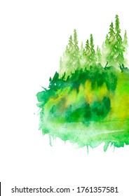 Watercolor group of trees - fir, pine, cedar, fir-tree. green forest, countryside landscape. Summer landscape.  cards, banners. Holiday design. abstract fog forest, silhouette of trees. Spruce 
