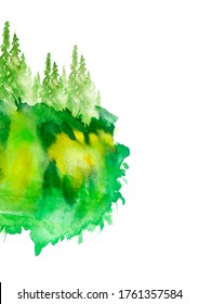 Watercolor group of trees - fir, pine, cedar, fir-tree. green forest, countryside landscape. Summer landscape.  cards, banners. Holiday design. abstract fog forest, silhouette of trees. Spruce 