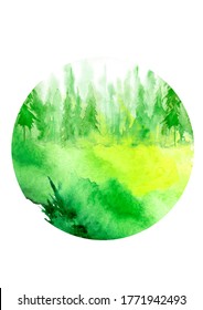 Watercolor group of trees - fir, pine, cedar, fir-tree. green forest, countryside landscape. Summer, autumn landscape. abstract fog forest, silhouette of trees. Figure in a round shape. Icon, logo
