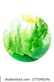 Watercolor group of trees - fir, pine, cedar, fir-tree. green forest, countryside landscape. Summer, autumn landscape. abstract fog forest, silhouette of trees. Figure in a round shape. Icon, logo