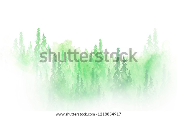 水彩樹木群 モミ 松 杉 モミ 緑の森 風景 森の風景 白い背景に図面 ハズのミスティ森 生態ポスター 水彩画 のイラスト素材