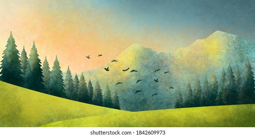 Watercolor grunge illustration of a summer landscape of forest and mountains at sunset, as well as birds in flight