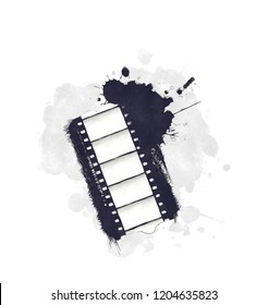 Watercolor Grunge Movie Icon With Broken, Stained Piece Of A Film Reel Over White Background