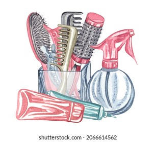 Watercolor Hairdressing illustration. Barber shop set. Hand-drawn Hairdresser tools. Perfect for your logo